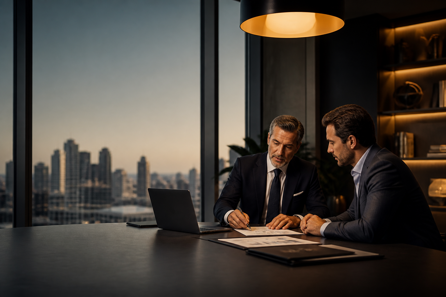 Senior mortgage broker consulting with client in premium office